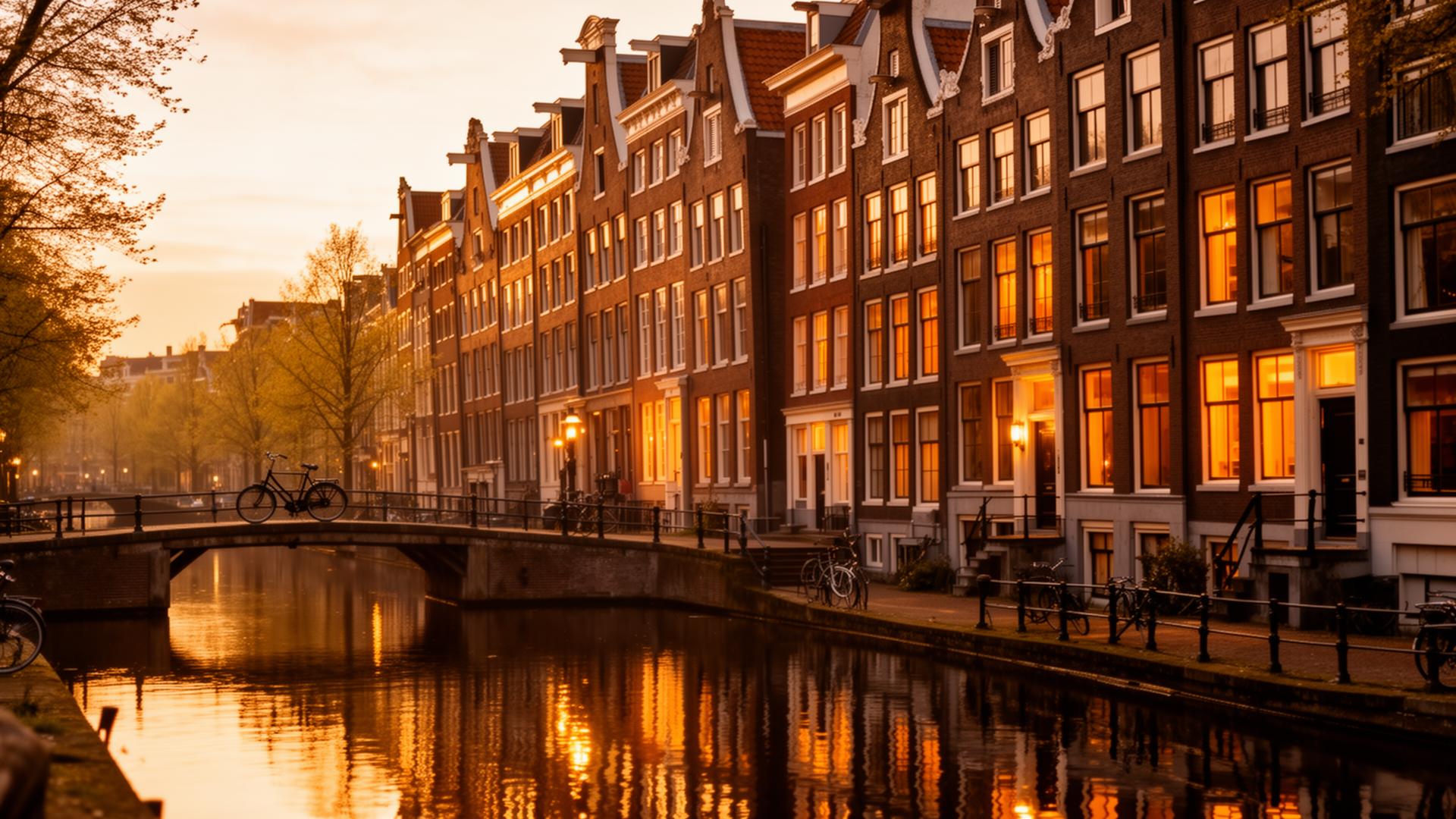 A quiet canal in Amsterdam at golden hour, with leaning houses reflected in still water.